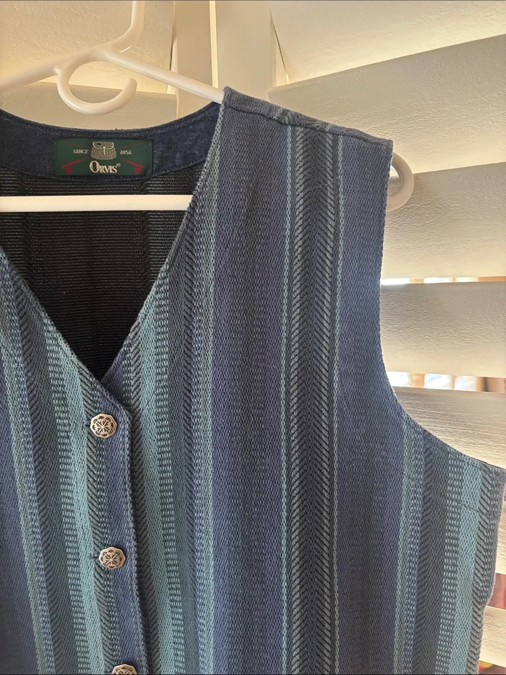 Orvis Navy and Light Blue Striped Button Vest Bohemian, Western , Gypsy  Style